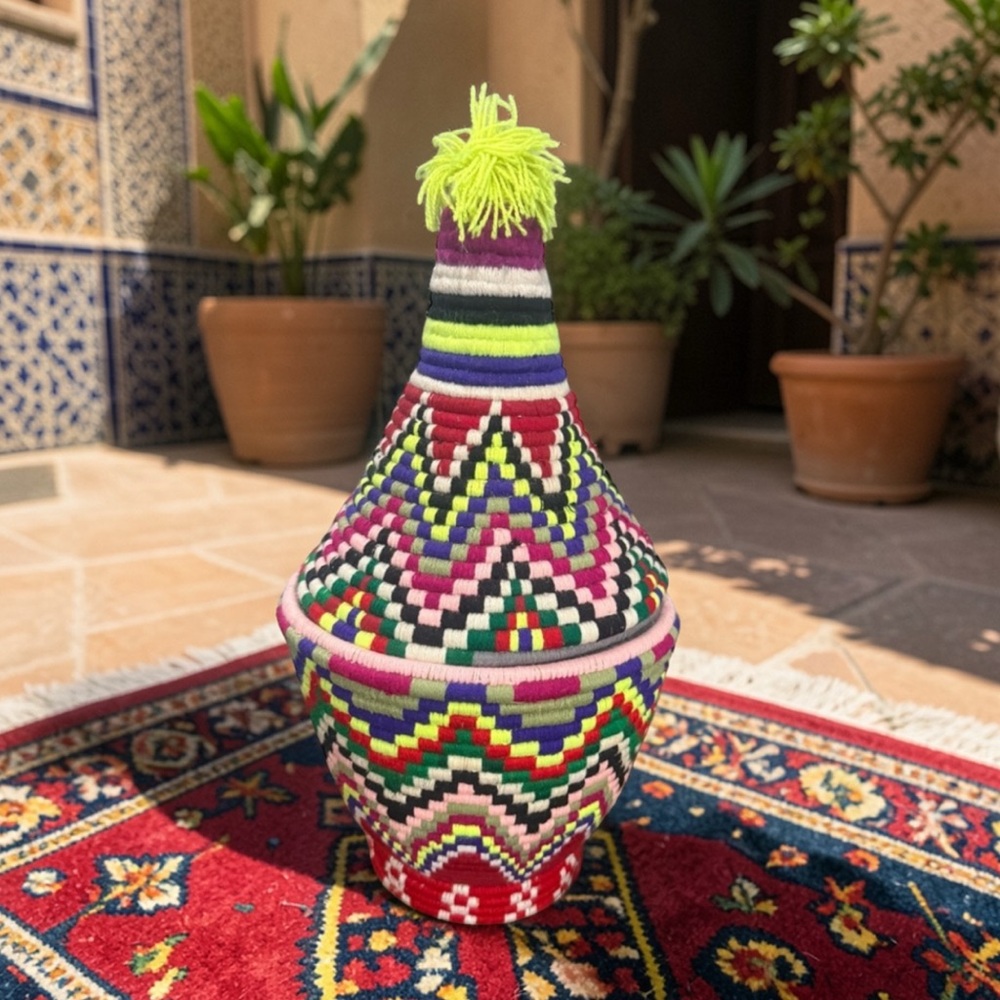 Vintage Multicolored Moroccan Berber
Baskets with Bold Pattern.